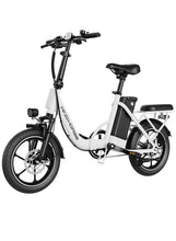 White and black folding electric bike with front suspension fork and dual disc brakes