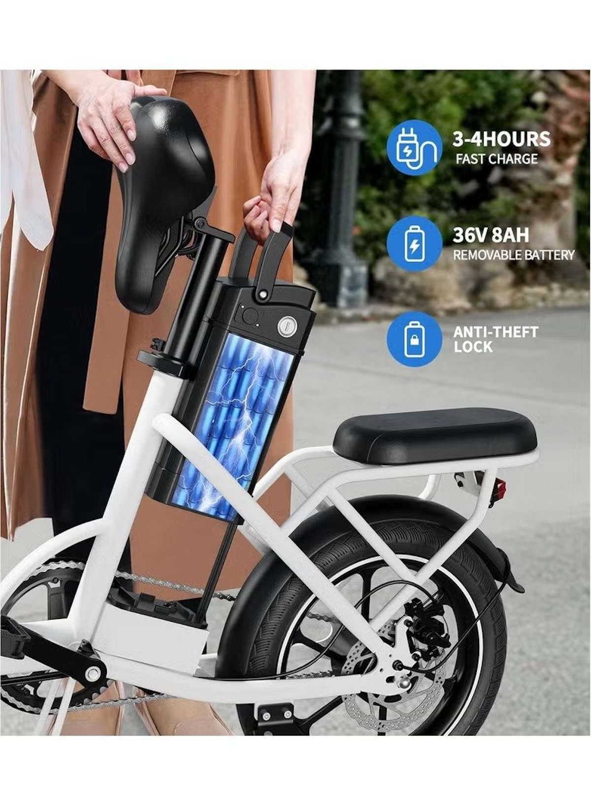 Folding Electric Bike with 350W High Speed Motor, 36V 8AH Battery, 40 KM/H Speed, 35 KM Range, Dual Disk Brakes, Carbon Alloy Frame, 16-Inch Tires, Front Suspension Fork, Portable Electric Bike with Dual Seat, Helmet and Safety Vest