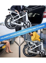 White folding electric bike in compact folded position with black seat