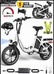 Folding Electric Bike with 350W High Speed Motor, 36V 8AH Battery, 40 KM/H Speed, 35 KM Range, Dual Disk Brakes, Carbon Alloy Frame, 16-Inch Tires, Front Suspension Fork, Portable Electric Bike with Dual Seat, Helmet and Safety Vest