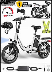 Folding Electric Bike with 350W High Speed Motor, 36V 8AH Battery, 40 KM/H Speed, 35 KM Range, Dual Disk Brakes, Carbon Alloy Frame, 16-Inch Tires, Front Suspension Fork, Portable Electric Bike with Dual Seat, Helmet and Safety Vest