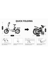 Folding electric bike shown in unfolded and compact folded configurations