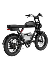Black electric fat-tire e-bike with front suspension and rear cargo basket