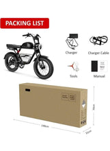 Electric fat-tire e-bike with charger, tools, manual, and shipping box