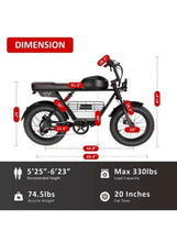 Electric fat-tire e-bike side view with labeled dimensions and red accents