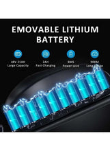 Close-up of electric bike battery pack with glowing blue cells under a black casing.