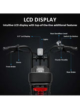 Electric bike handlebar and LCD display with brake levers and thumb throttle.