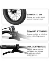 Electric bike feature panel showing fat tires, Shimano 7-speed shifter, and hydraulic disc brakes.