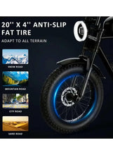 Electric bike fat tire with anti-slip tread and blue-lit wheel accent on a dark background.