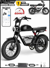 Black electric fat-tire e-bike with front suspension, rear rack, and headlight