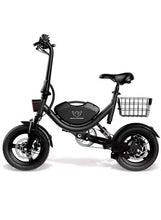 Foldable electric bike with front light, front basket, and dual disc brakes, black frame.