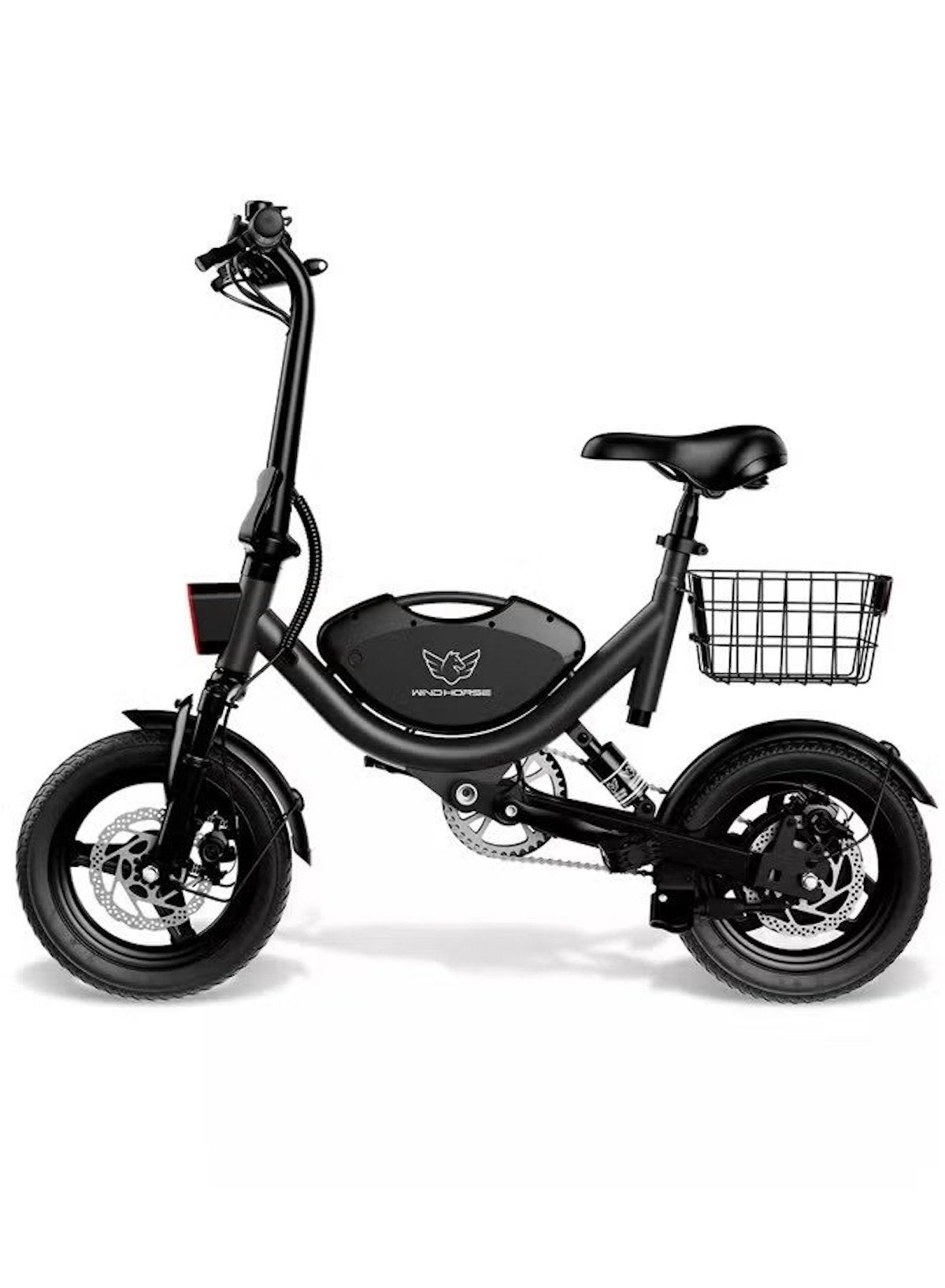 Foldable Electric Bike for Adults with 500W motor, 36V 8AH battery, 35 KM/H top speed, 19–35 KM range, 14" tires, dual suspension, disc brakes, lightweight carbon alloy frame, and storage basket for commuting.