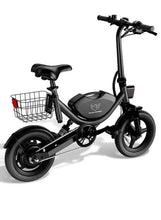 Electric folding bike with front basket, black frame, dual wheels and saddle