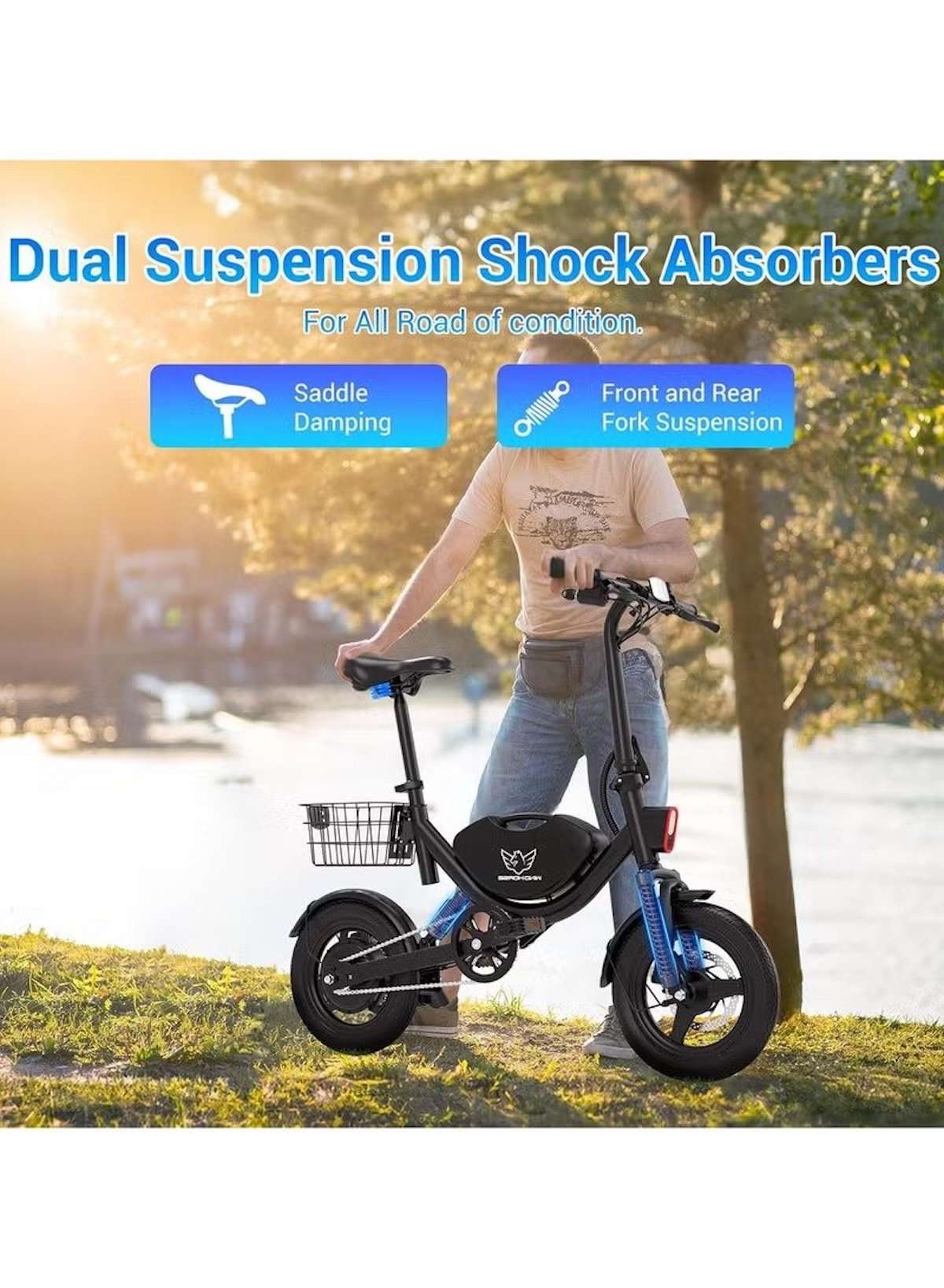Foldable Electric Bike for Adults with 500W motor, 36V 8AH battery, 35 KM/H top speed, 19–35 KM range, 14" tires, dual suspension, disc brakes, lightweight carbon alloy frame, and storage basket for commuting.