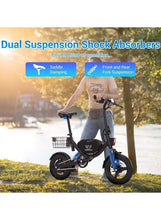Folding electric bike standing outdoors with front basket and rear red light, blue tires.