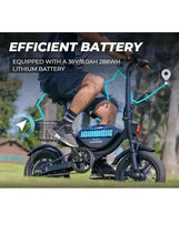 Electric folding bike showing battery area on the frame and front headlight, black.