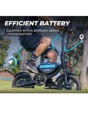 Foldable Electric Bike for Adults with 500W motor, 36V 8AH battery, 35 KM/H top speed, 19–35 KM range, 14" tires, dual suspension, disc brakes, lightweight carbon alloy frame, and storage basket for commuting.