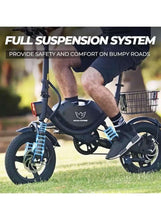 Folding electric bike with dual suspension fork and rear shock, front basket, black frame.