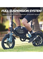 Foldable Electric Bike for Adults with 500W motor, 36V 8AH battery, 35 KM/H top speed, 19–35 KM range, 14" tires, dual suspension, disc brakes, lightweight carbon alloy frame, and storage basket for commuting.