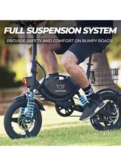 Foldable Electric Bike for Adults with 500W motor, 36V 8AH battery, 35 KM/H top speed, 19–35 KM range, 14" tires, dual suspension, disc brakes, lightweight carbon alloy frame, and storage basket for commuting.
