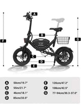 Folding electric bike side view with labeled parts and front basket, black frame.