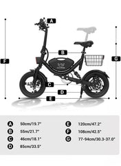 Foldable Electric Bike for Adults with 500W motor, 36V 8AH battery, 35 KM/H top speed, 19–35 KM range, 14" tires, dual suspension, disc brakes, lightweight carbon alloy frame, and storage basket for commuting.