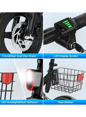 Foldable Electric Bike for Adults with 500W motor, 36V 8AH battery, 35 KM/H top speed, 19–35 KM range, 14" tires, dual suspension, disc brakes, lightweight carbon alloy frame, and storage basket for commuting.