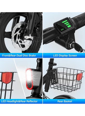 Foldable Electric Bike for Adults with 500W motor, 36V 8AH battery, 35 KM/H top speed, 19–35 KM range, 14" tires, dual suspension, disc brakes, lightweight carbon alloy frame, and storage basket for commuting.