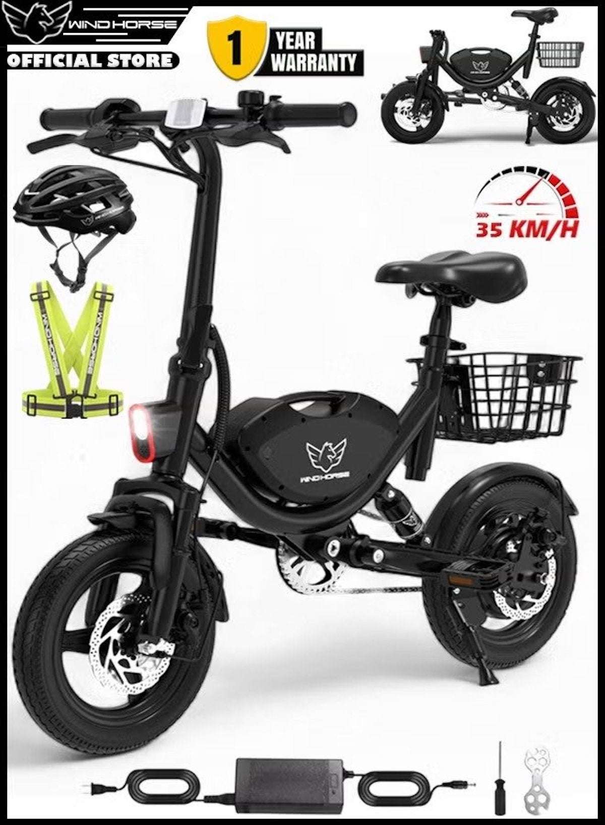 Foldable Electric Bike for Adults with 500W motor, 36V 8AH battery, 35 KM/H top speed, 19–35 KM range, 14" tires, dual suspension, disc brakes, lightweight carbon alloy frame, and storage basket for commuting.