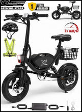 Electric folding bike with front suspension, front basket, and visible motor housing, black.