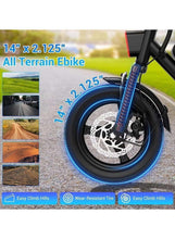 All-terrain electric folding bike with 14 in tire and front suspension fork, black frame.