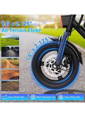 Foldable Electric Bike for Adults with 500W motor, 36V 8AH battery, 35 KM/H top speed, 19–35 KM range, 14" tires, dual suspension, disc brakes, lightweight carbon alloy frame, and storage basket for commuting.
