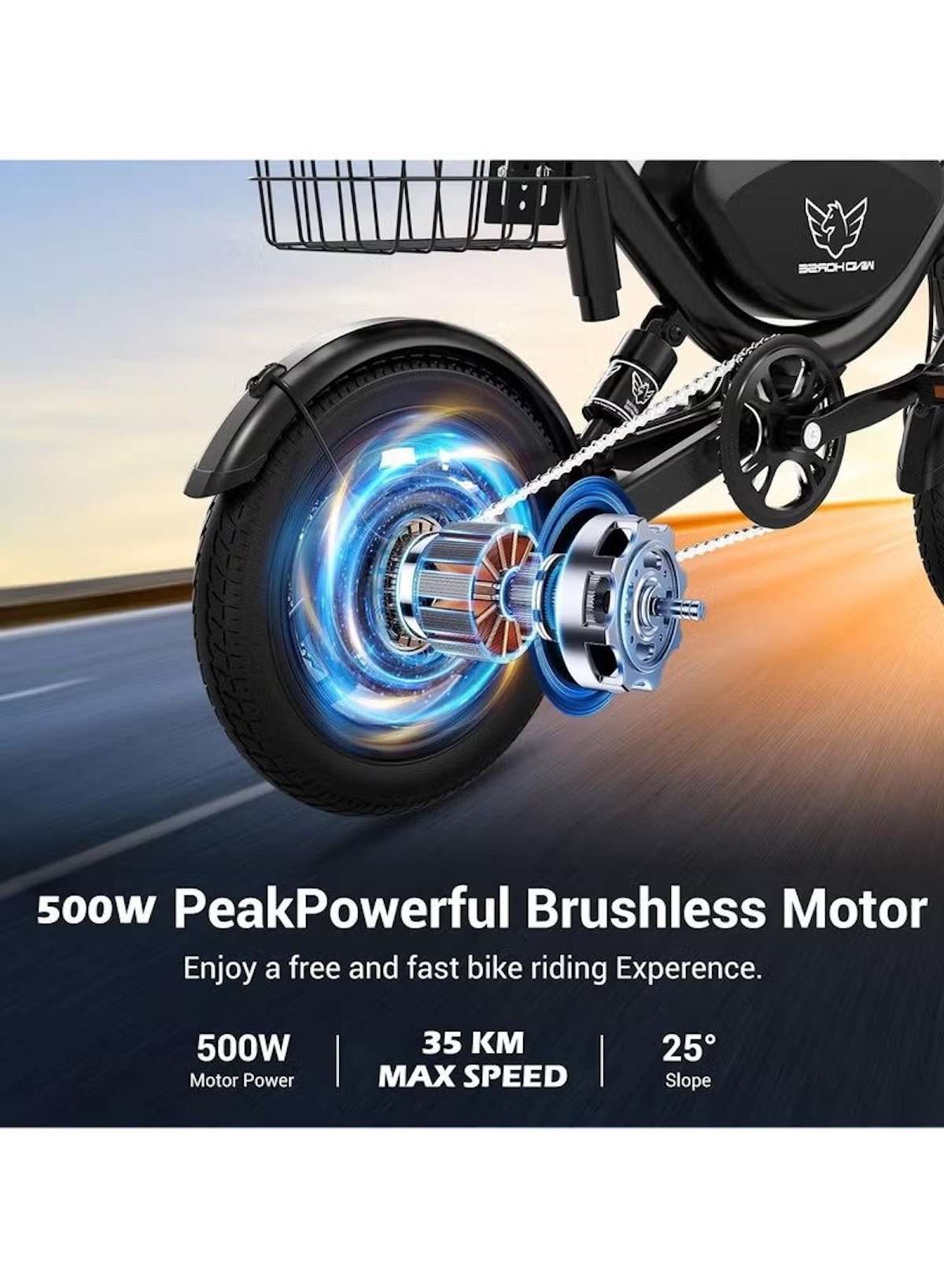 Foldable Electric Bike for Adults with 500W motor, 36V 8AH battery, 35 KM/H top speed, 19–35 KM range, 14" tires, dual suspension, disc brakes, lightweight carbon alloy frame, and storage basket for commuting.