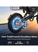 Electric folding bike front wheel with hub motor and illuminated brake, black frame.