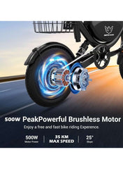 Foldable Electric Bike for Adults with 500W motor, 36V 8AH battery, 35 KM/H top speed, 19–35 KM range, 14" tires, dual suspension, disc brakes, lightweight carbon alloy frame, and storage basket for commuting.