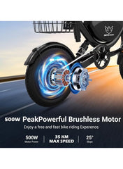 Foldable Electric Bike for Adults with 500W motor, 36V 8AH battery, 35 KM/H top speed, 19–35 KM range, 14" tires, dual suspension, disc brakes, lightweight carbon alloy frame, and storage basket for commuting.