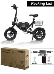 Foldable Electric Bike for Adults with 500W motor, 36V 8AH battery, 35 KM/H top speed, 19–35 KM range, 14" tires, dual suspension, disc brakes, lightweight carbon alloy frame, and storage basket for commuting.
