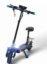 Electric scooter with blue-lit headlight and black deck, seat and kickstand