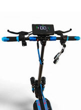Handlebars with digital display, brake levers, and blue grips on electric scooter