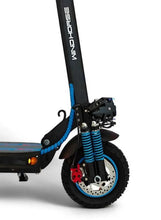 Electric scooter front with black fork, blue rim accents, and disc brake