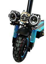 Front suspension and dual headlights on black-and-blue electric scooter