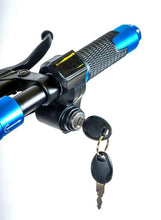 Handlebar grip with blue throttle, key lock, and brake lever on electric scooter