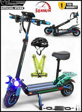 Folding electric scooter with helmet and vest, black frame with blue accents