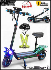 H5 Plus Folding Electric Scooter, 1200W Motor, 48V 27Ah Battery, 50KM/H Max Speed, 51KM Range, 10 Inches Tires, Dual Suspension and Remote Lock with Helmet and Safety Vest