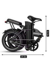 Folding electric scooter, black frame with front disc brake and rear fender