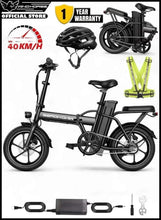Folding electric scooter with black frame, front suspension fork, and disc brake