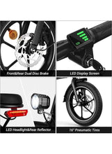 Electric scooter details: dual disc brakes, LED display, headlight and 16-inch tire