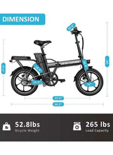 Folding electric bike side view with dimension indicators, black frame, 16-inch tires