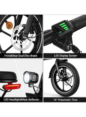 Folding Electric Bike with 350W High Speed Motor, 36V 8AH Battery, 40 KM/H Speed, 35 KM Range, Dual Disk Brakes, Carbon Alloy Frame and 16-Inch Tires, Portable Electric Bike with Dual Seat, Helmet and Safety Vest