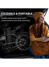 Folding electric bike with compact frame, front fork, and rear wheel with red reflector